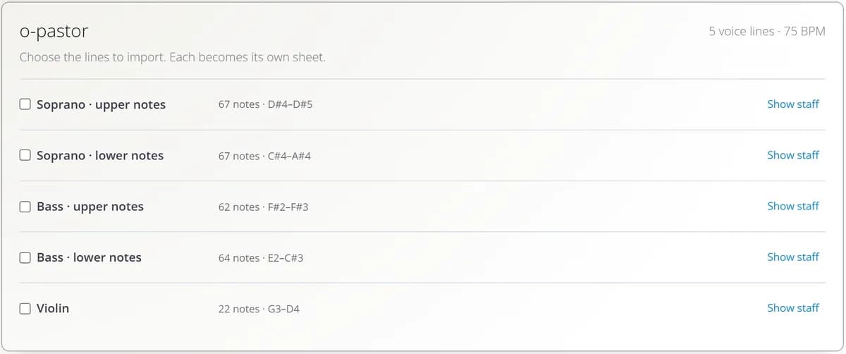 Import step: soprano, bass and violin lines listed with their note counts and ranges.