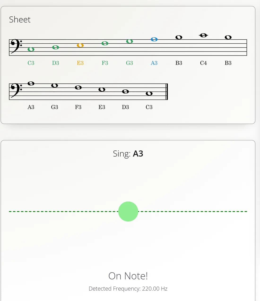 The trainer mid-exercise: the notes already sung are green, the current note is blue, and the dot sits on the target line.
