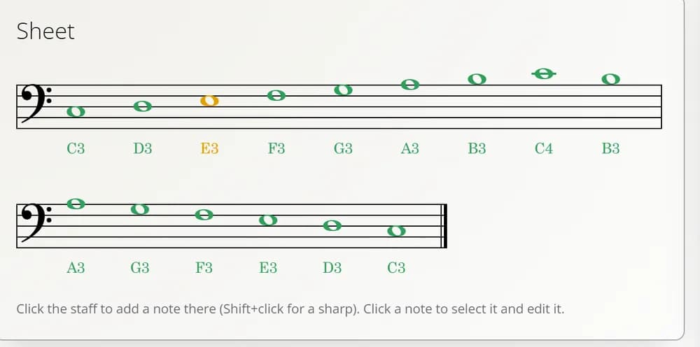 A sung scale: every note green except one amber note.