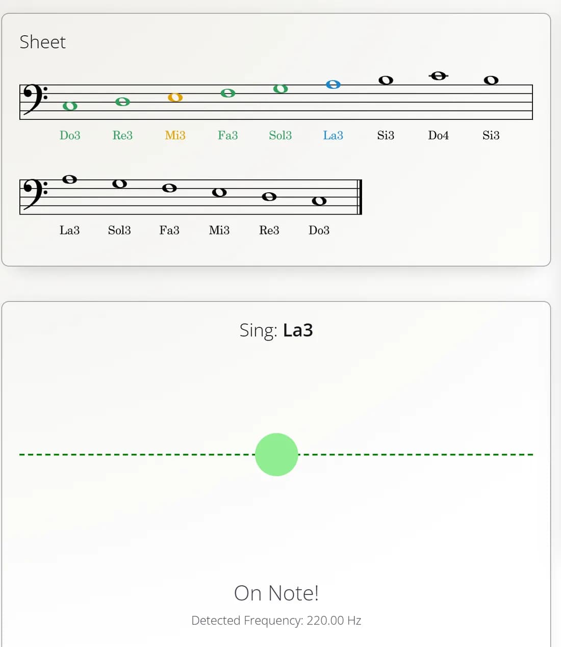 O treinador a meio de um exercício: as notas já cantadas estão a verde, a nota atual a azul, e o ponto está sobre a linha da nota certa.