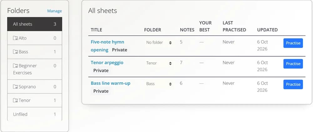 A choir’s space with folders for each voice part.